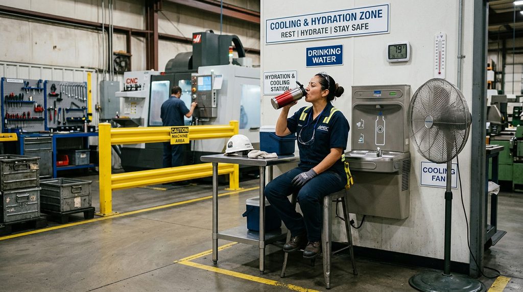 Industrial worker using hydration and cooling measures for heat safety