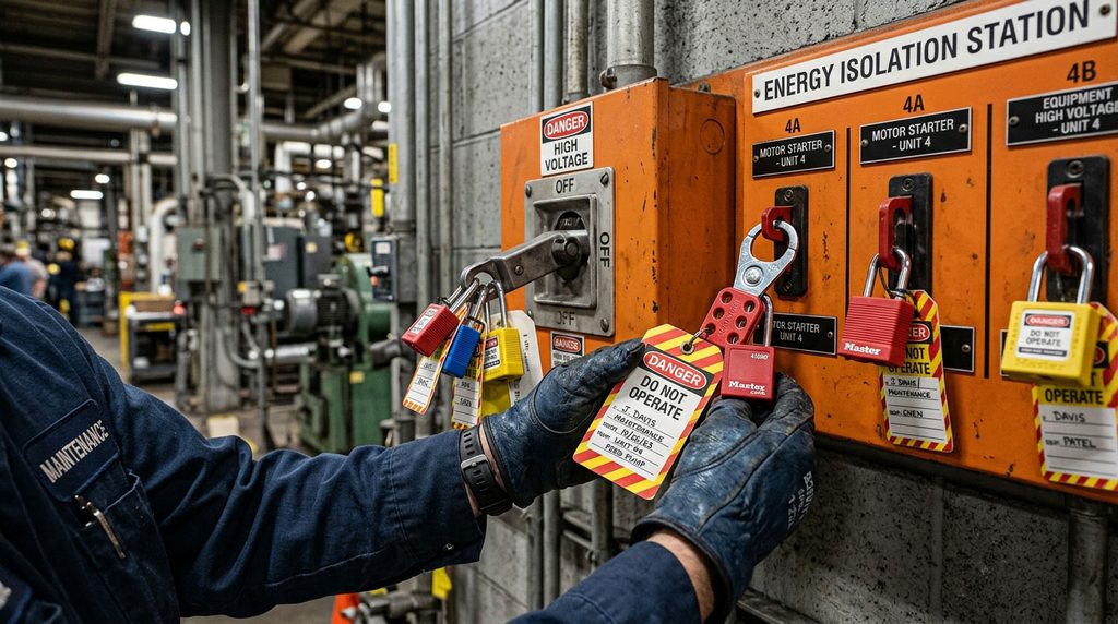Lockout tagout devices used to isolate hazardous energy