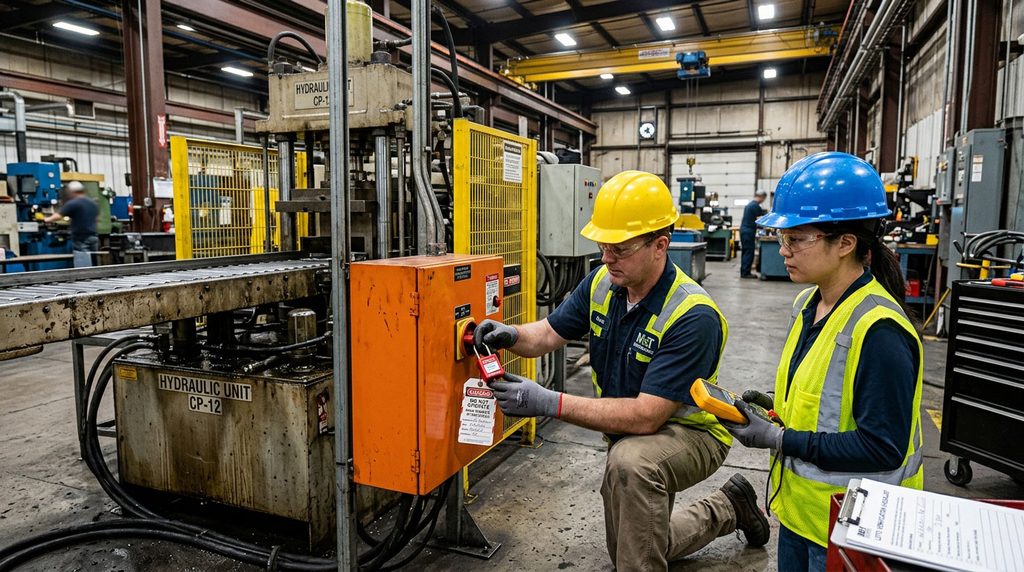 Workers verifying energy isolation during lockout tagout