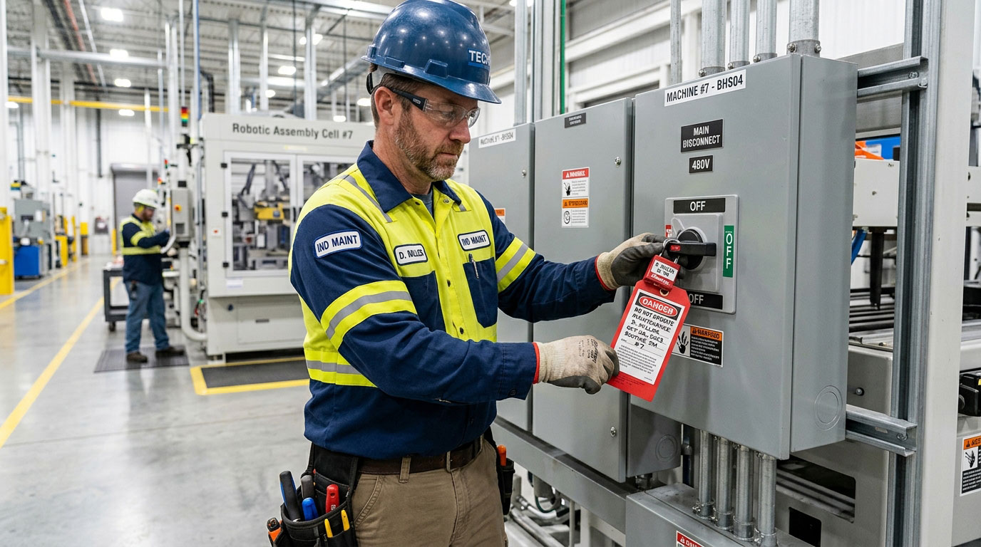 Lockout tagout procedure on industrial manufacturing equipment
