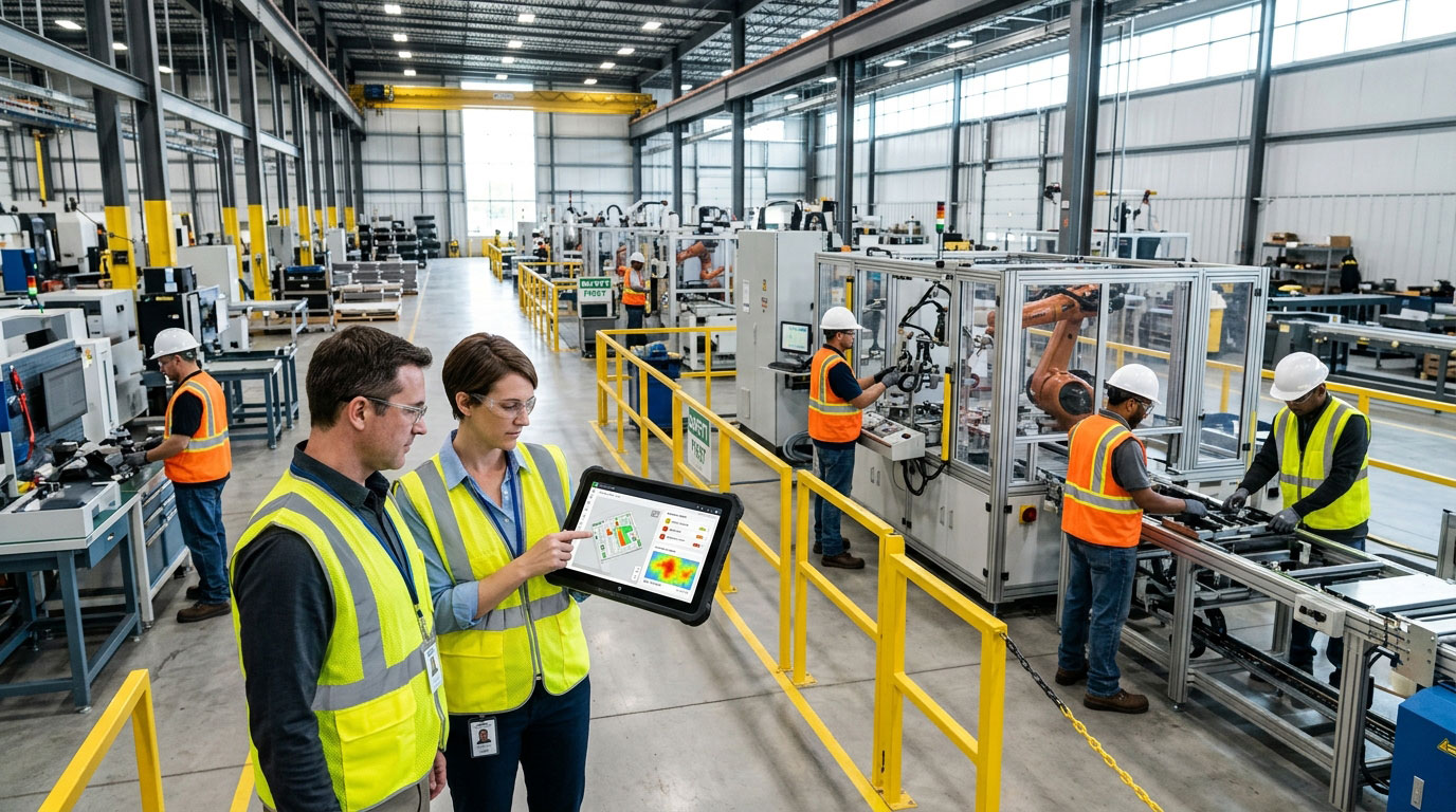 AI workplace safety technology in a modern manufacturing facility